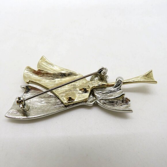 Liz Claiborne Angel Brooch Gold Silver Tones Flying Trumpet 2.5" Pin  Two Tone - Picture 3 of 6